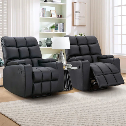 33.5" Wide Modern Faux Leather Soft Backrest Manual Release Recliner Chair with Massage & Storage & Cup Holder (Set of 2)
