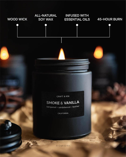 Premium Smoke & Vanilla Candle | Black Christmas Scented Candles for Men | Long Lasting with 45 Hour Burn Time, 7.6Oz | Soy Holiday Candle | Aromatherapy at Home | Gifts for Men