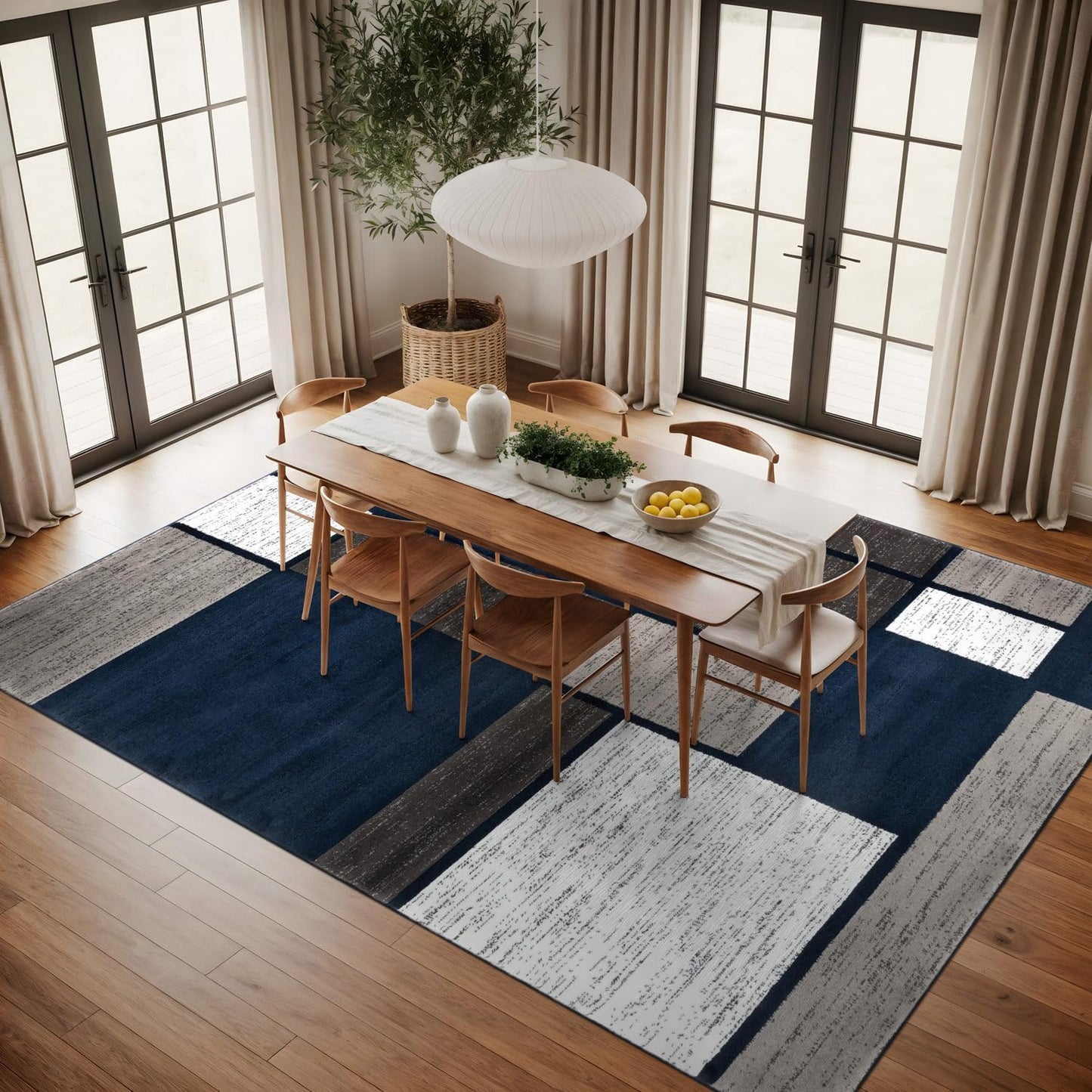 Modern Geometric Boxes Navy Area Rug, Fade-Resistant Carpet for Large Living Room, Bedroom, or Open Space, 10' X 14'