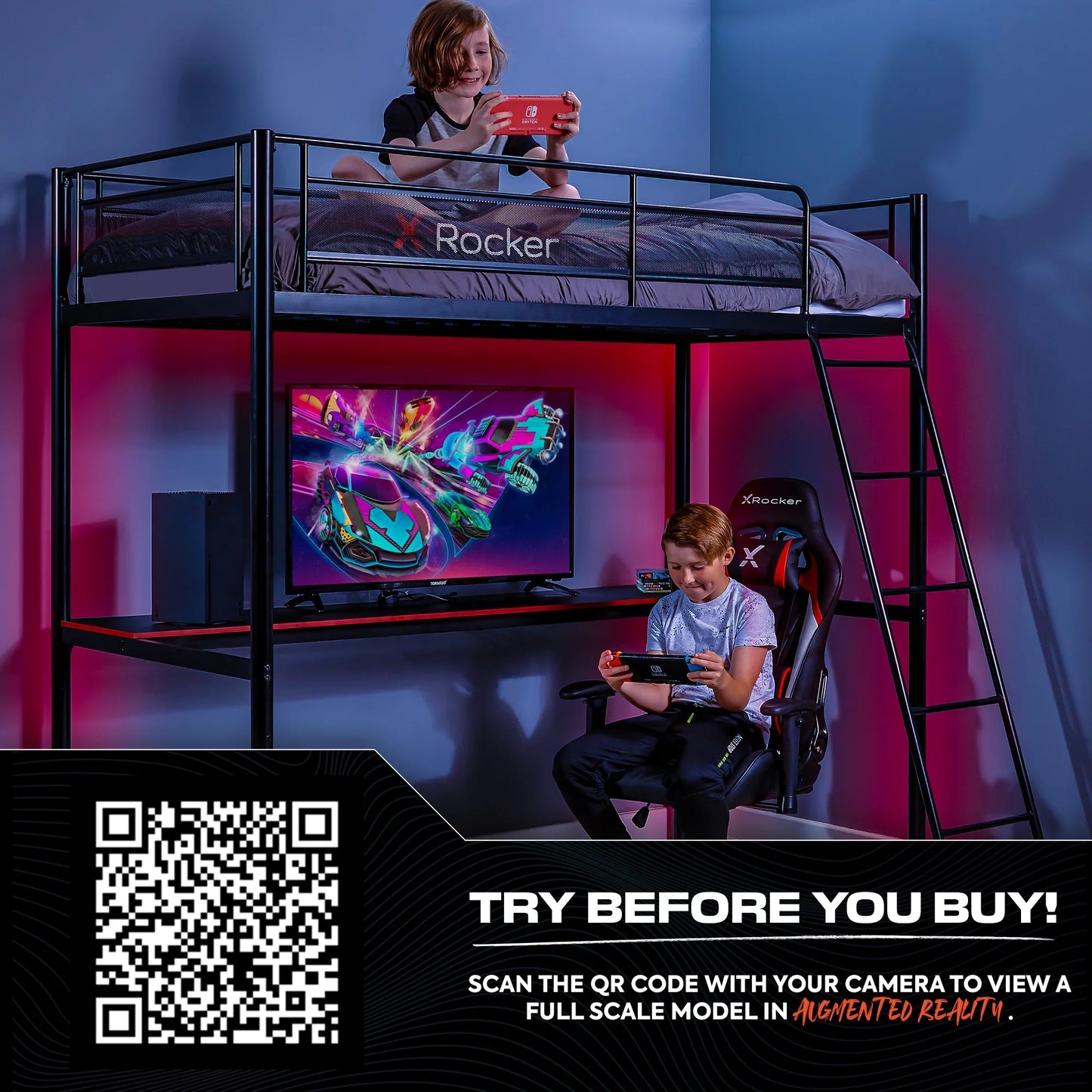 HQ Twin Gaming Bunk Bed with Built-In Shelving and LED Lighting, Black