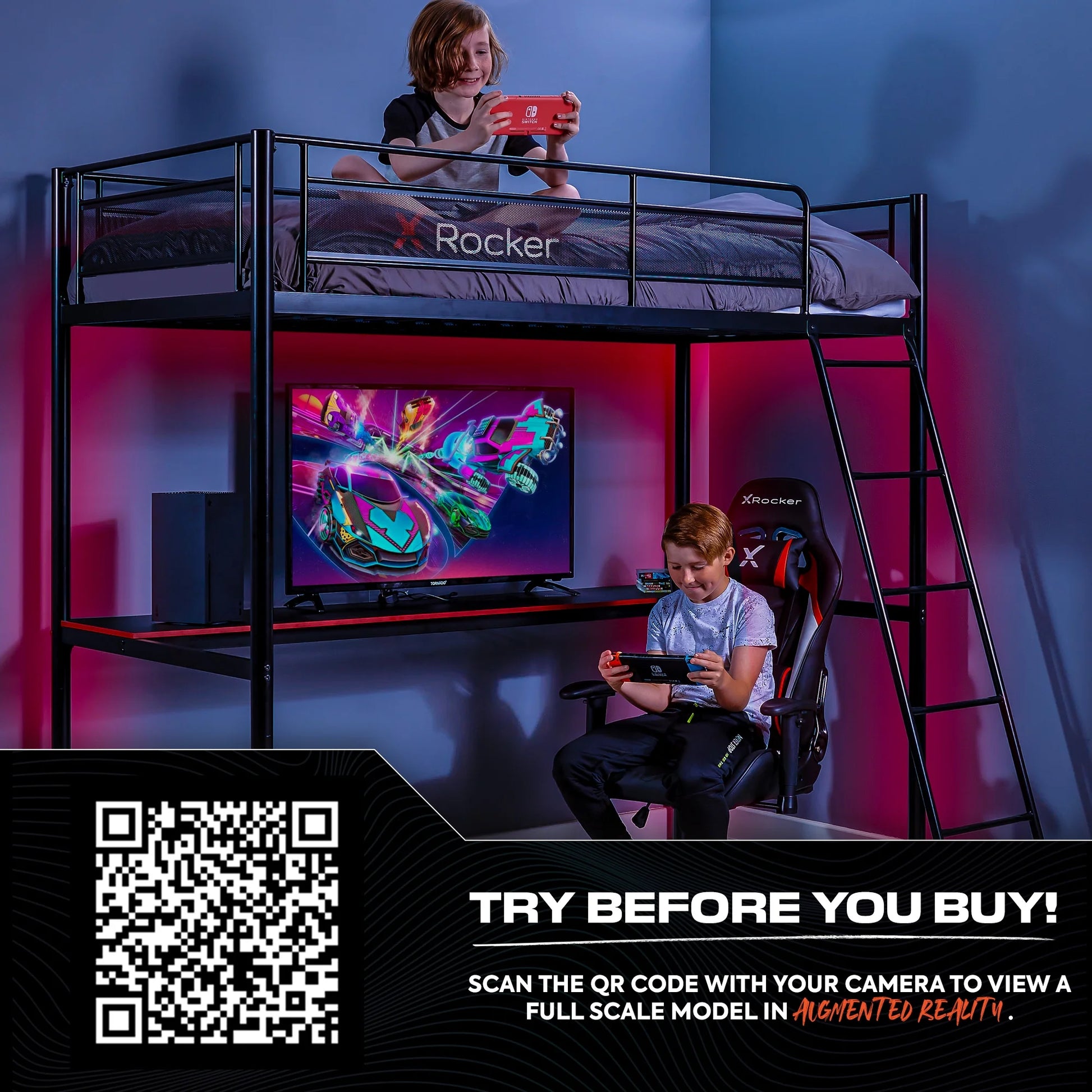 HQ Twin Gaming Bunk Bed with Built-In Shelving and LED Lighting, Black