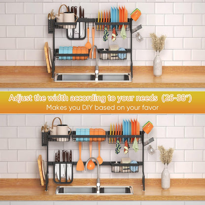 over Sink Dish Drying Rack Stainless Steel, Adjustable Large Dish Drainer for Storage Kitchen Organization Black 2 Tier - Standard(26"-38")