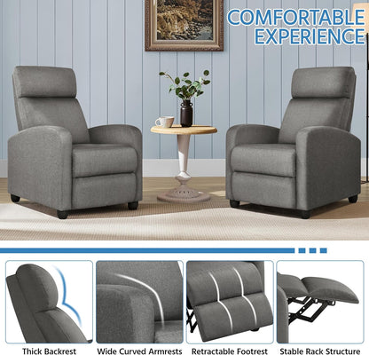 2-Seat Fabric Pushback Recliner Chair Living Room Chair with Thick Seat Cushion and Backrest Reclining Chair for Living Room Grey