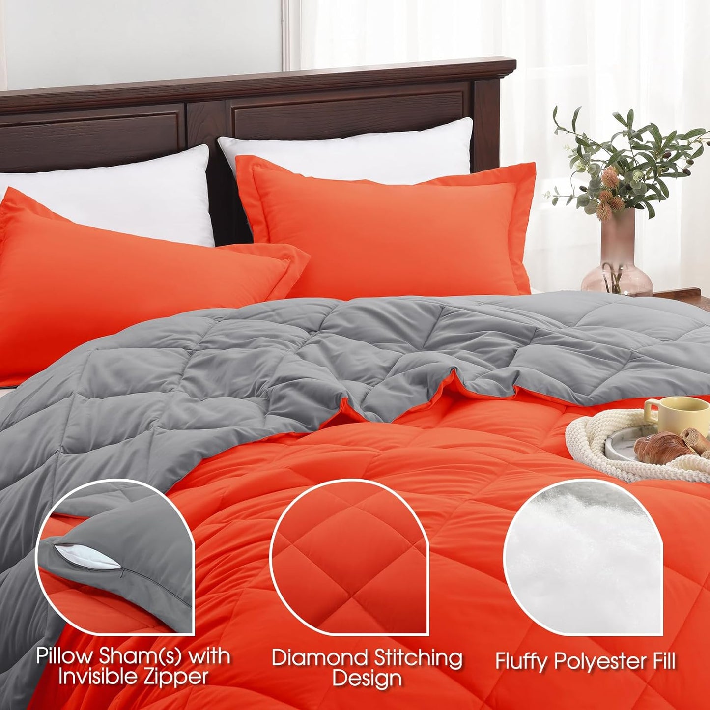 Queen Comforter Set - Orange Comforter Set Queen, Reversible Bed Comforter Queen Set for All Seasons, Flame/Charcoal Gray, 1 Comforter (88"X92") and 2 Pillow Shams (20"X26"+2")