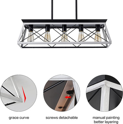 5-Light Pendant Lights Fixture, Farmhouse Chandeliers for Dining Room, Rustic Island Lights for Kitchen, Rectangular Chandelier Rustic Farmhouse Light Fxiture