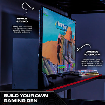 HQ Twin Gaming Bunk Bed with Built-In Shelving and LED Lighting, Black