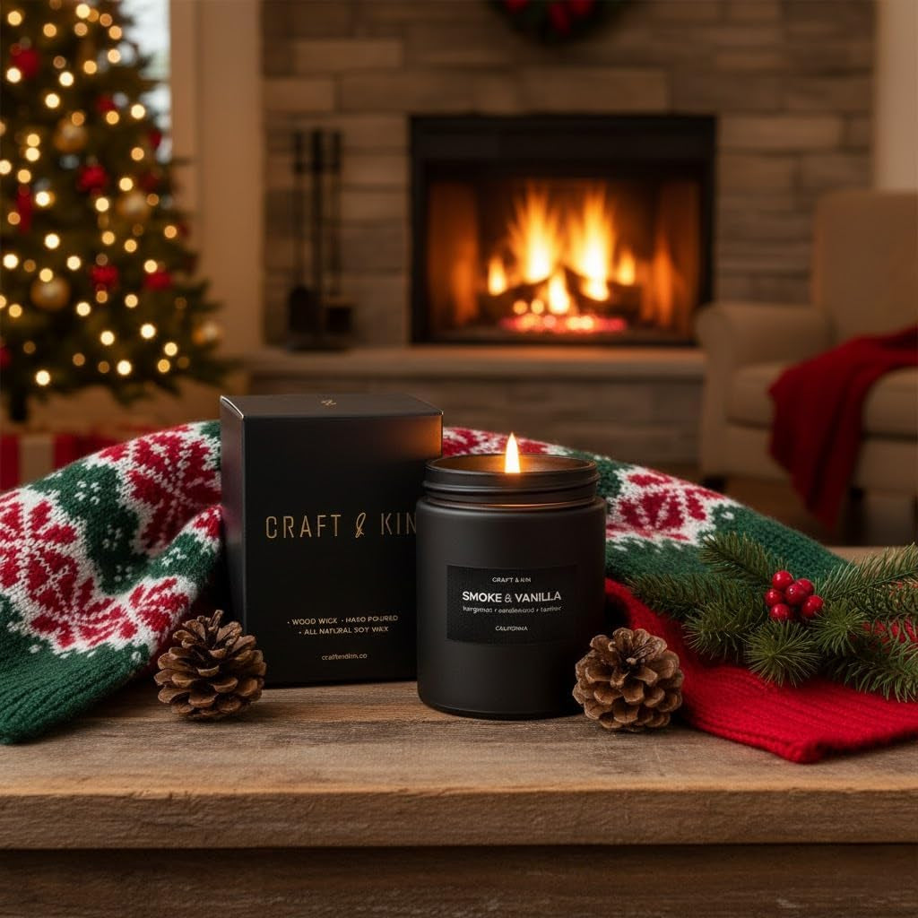 Premium Smoke & Vanilla Candle | Black Christmas Scented Candles for Men | Long Lasting with 45 Hour Burn Time, 7.6Oz | Soy Holiday Candle | Aromatherapy at Home | Gifts for Men