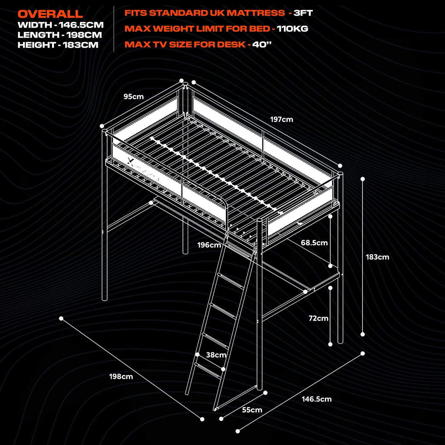 HQ Twin Gaming Bunk Bed with Built-In Shelving and LED Lighting, Black