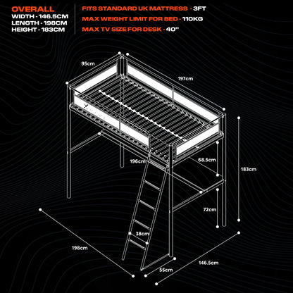 HQ Twin Gaming Bunk Bed with Built-In Shelving and LED Lighting, Black