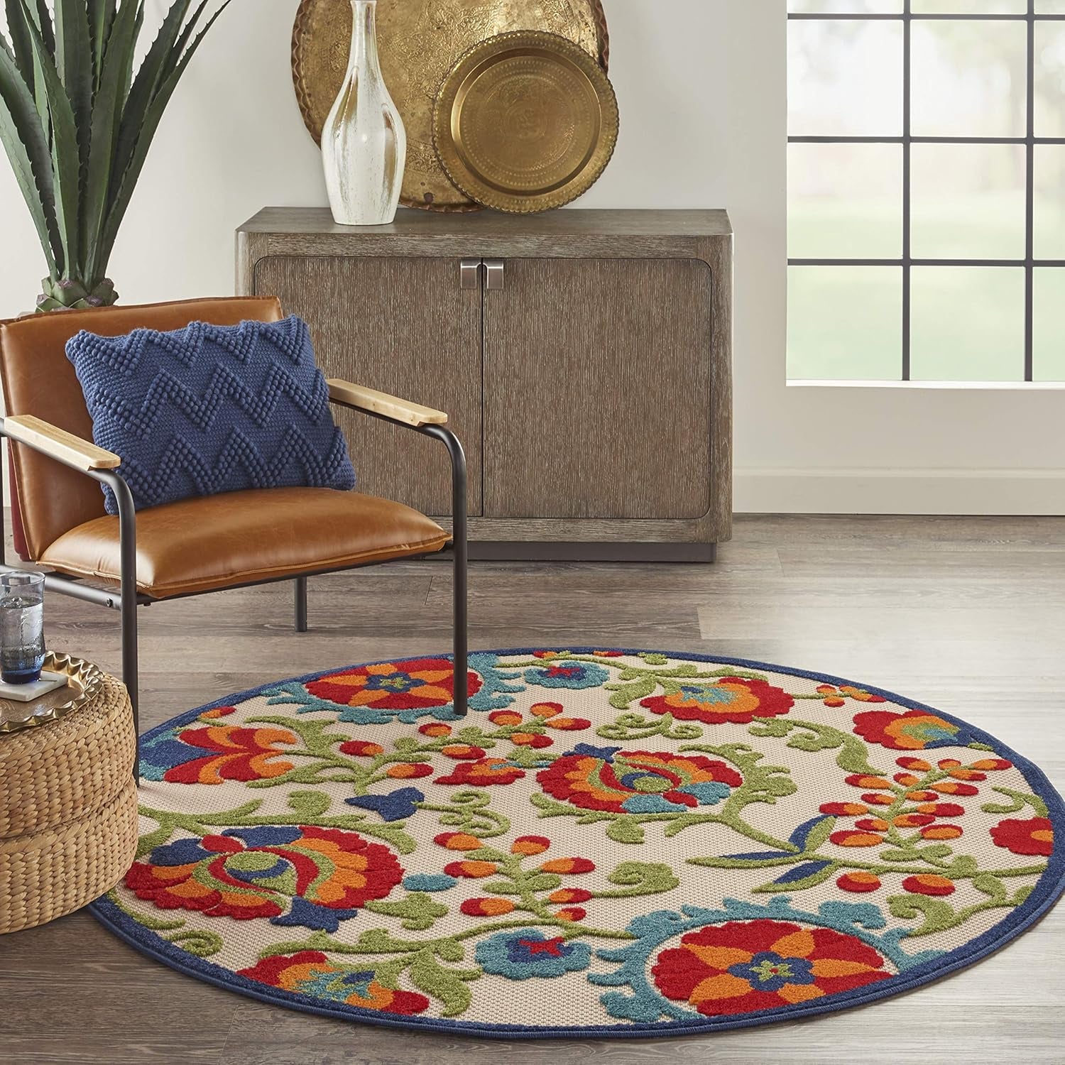 Aloha Indoor/Outdoor Multicolor 4' X round Area Rug, Easy Cleaning, Non Shedding, Bed Room, Living Room, Dining Room, Backyard, Deck, Patio (4 Round)