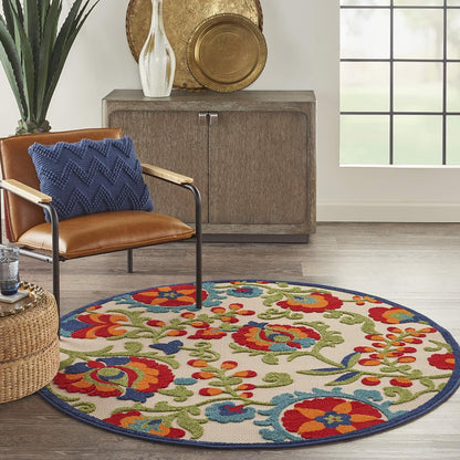 Aloha Indoor/Outdoor Multicolor 4' X round Area Rug, Easy Cleaning, Non Shedding, Bed Room, Living Room, Dining Room, Backyard, Deck, Patio (4 Round)