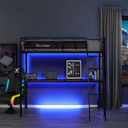 HQ Twin Gaming Bunk Bed with Built-In Shelving and LED Lighting, Black