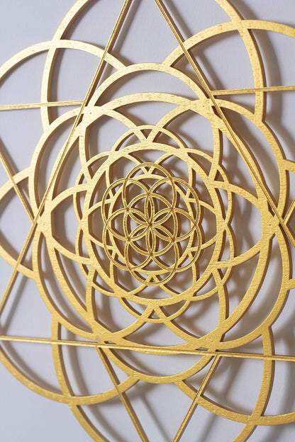 13.5" Gold Seed of Life Wall Decor Merkabah Mandala, Sacred Geometry Wall Art Yoga Decor, Crystal Grid, Wooden Art Symbol, Meditation Decor, Spiritual Decor
