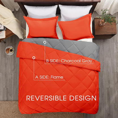 Queen Comforter Set - Orange Comforter Set Queen, Reversible Bed Comforter Queen Set for All Seasons, Flame/Charcoal Gray, 1 Comforter (88"X92") and 2 Pillow Shams (20"X26"+2")