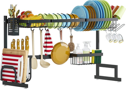 over Sink Dish Drying Rack Stainless Steel, Adjustable Large Dish Drainer for Storage Kitchen Organization Black 2 Tier - Standard(26"-38")