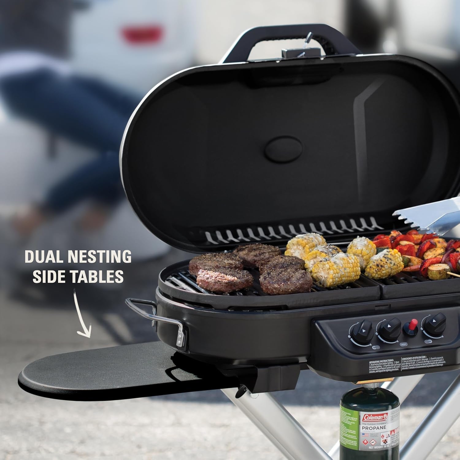 Roadtrip 285 Portable Stand-Up Propane Grill with 3 Adjustable Burners & Instastart Ignition, 20,000 Btus of Power for Outdoor Cooking, Camping, Tailgating, Grilling, Bbqs, & More