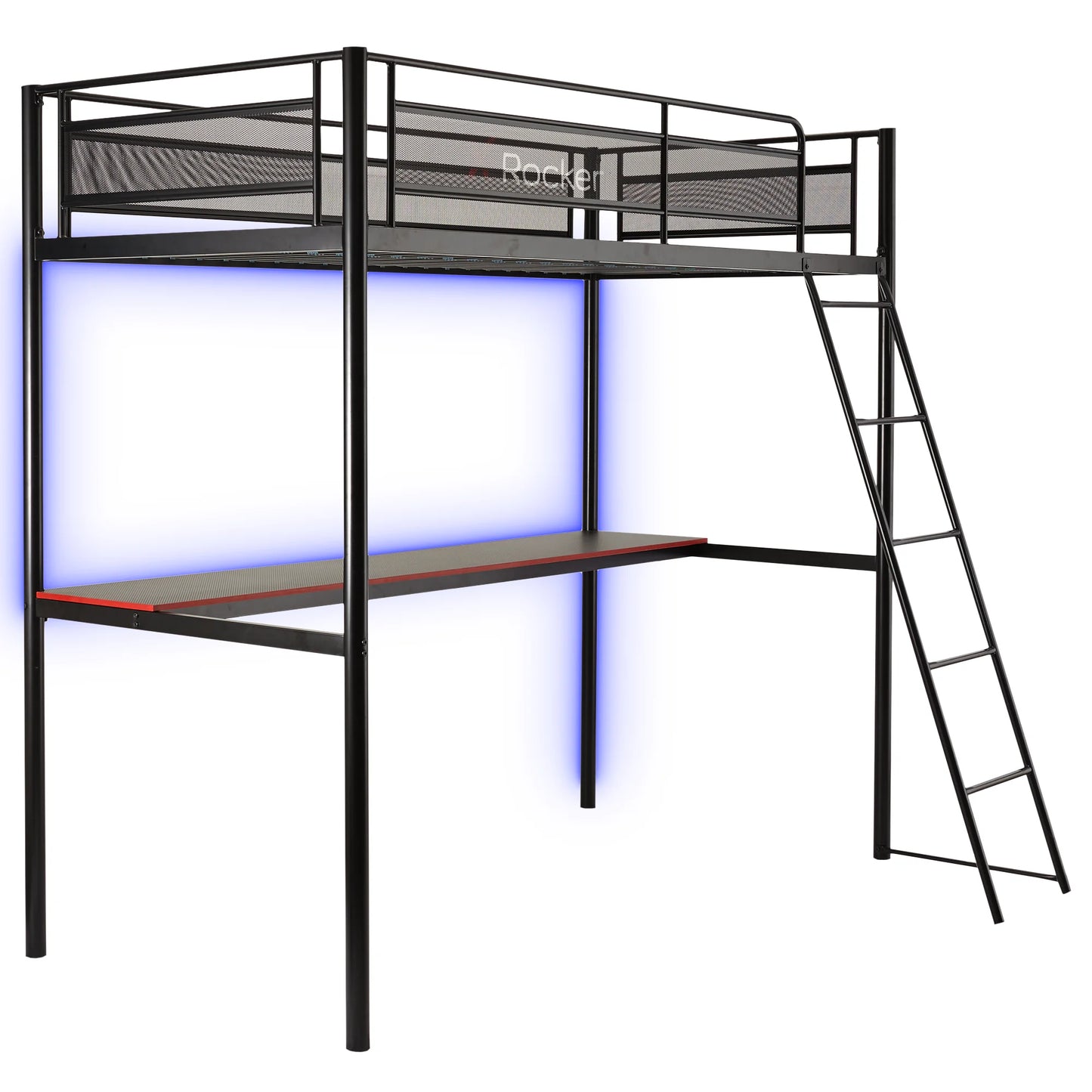 HQ Twin Gaming Bunk Bed with Built-In Shelving and LED Lighting, Black