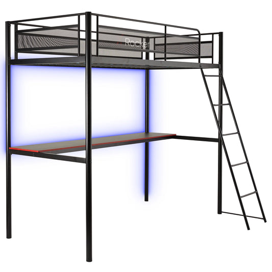 HQ Twin Gaming Bunk Bed with Built-In Shelving and LED Lighting, Black