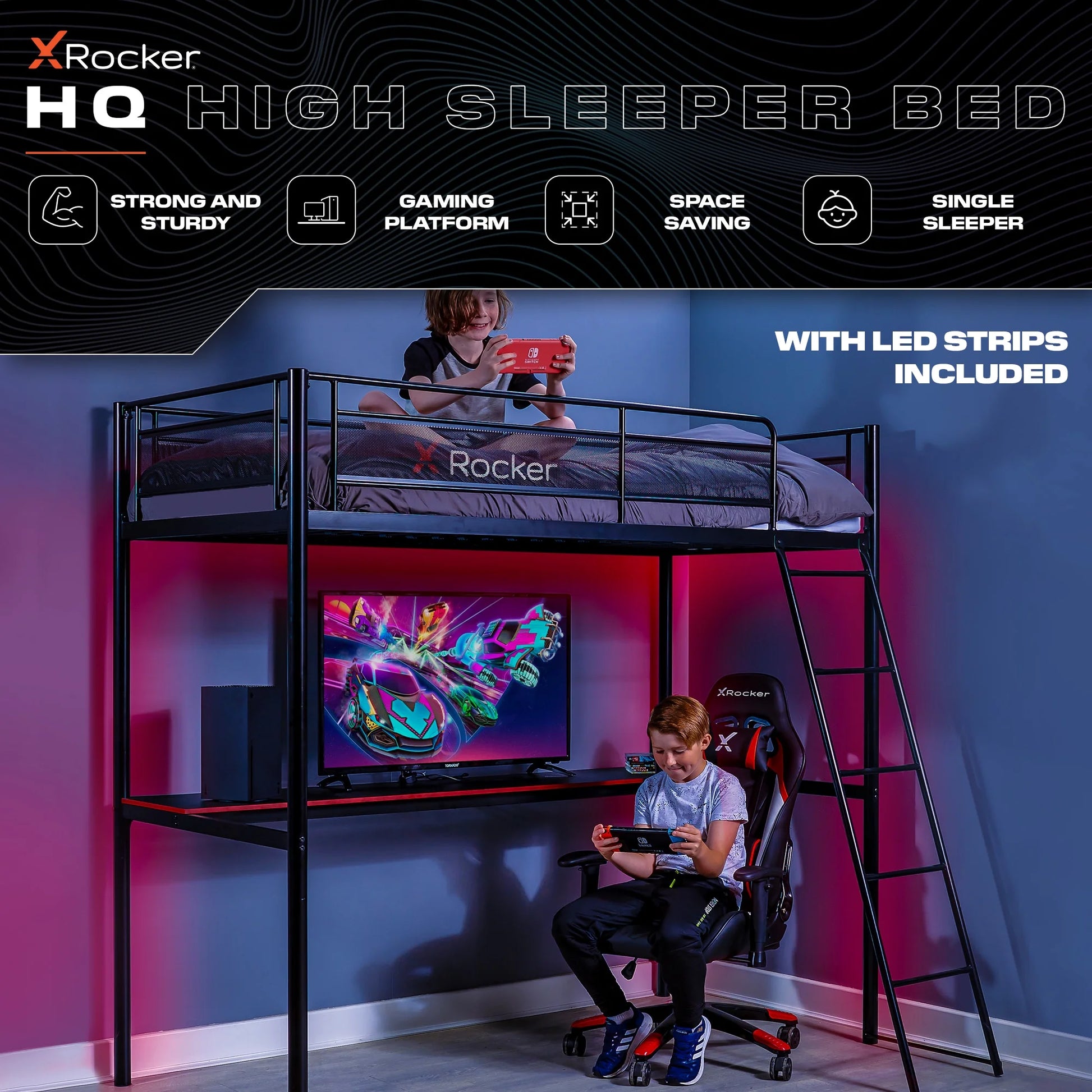 HQ Twin Gaming Bunk Bed with Built-In Shelving and LED Lighting, Black