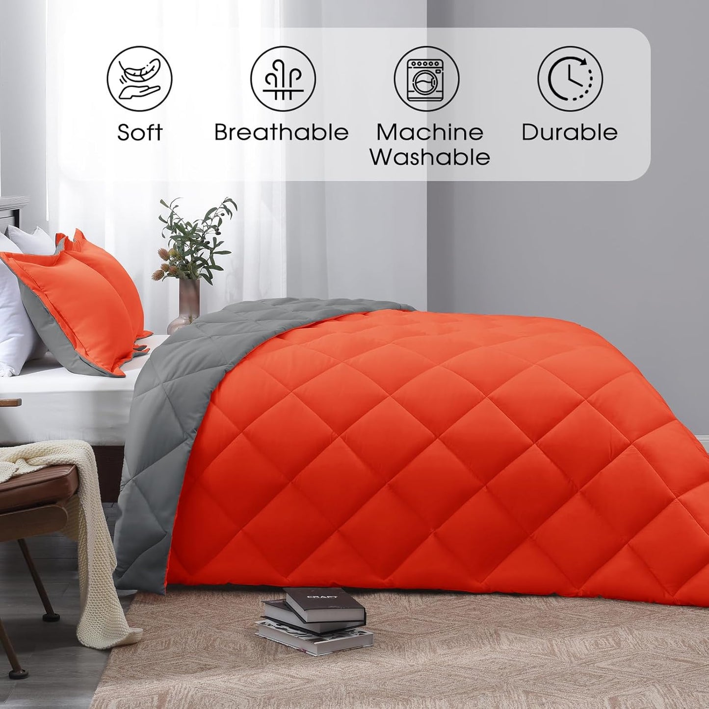 Queen Comforter Set - Orange Comforter Set Queen, Reversible Bed Comforter Queen Set for All Seasons, Flame/Charcoal Gray, 1 Comforter (88"X92") and 2 Pillow Shams (20"X26"+2")